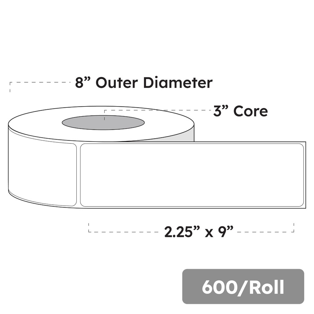 2.25″ x 9″ x 600 Labels, White Gloss BOPP Roll Inkjet Labels, 3″ Core, Blank