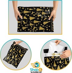 (25) 10×13 Designer Christmas Poly Mailers Black Gold Trees and Deer Envelopes
