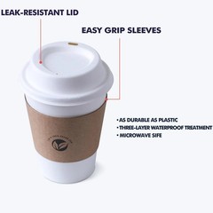 KTOB [50 pack] 12 oz Compostable Coffee Cups with Lids and Kraft Sleeves, Eco Fr