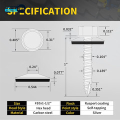 Metal Roofing Screws #10 X 1-1/2″ 300 PCS RUSPERT Hex Head Rubber Washer
