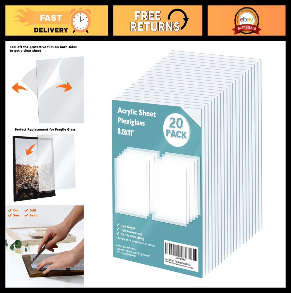 Clear Acrylic Sheets 20 Pack 8.5×11″ 0.04″ Thick Transparent Plastic for Crafts,