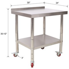 24×15″ Stainless Steel Prep Table w/Backsplash, Undershelf, 4 Casters, 440lb