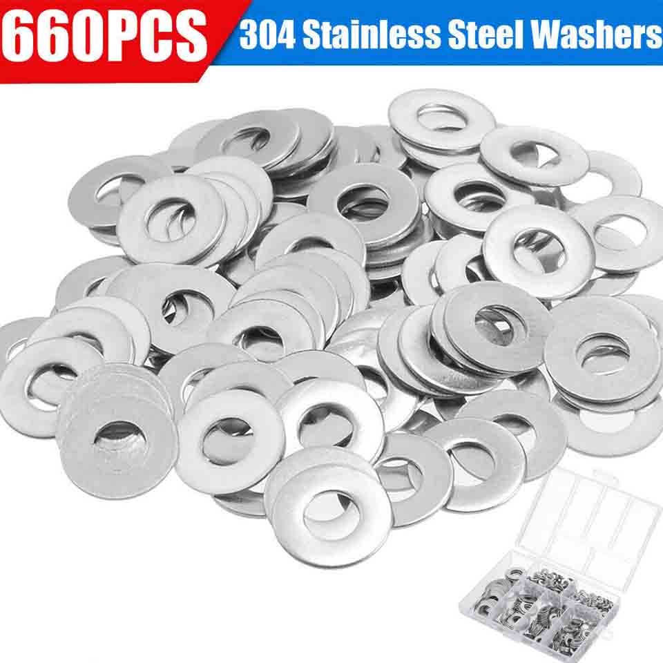 660 Pieces of 304 Stainless Steel Washers Flat Washer Assortment Set Kit 6 Sizes