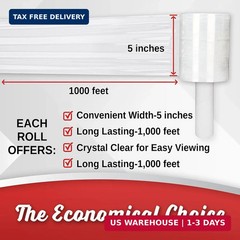 12 Pack Industrial Strength Mini Hand Stretch Wrap 5″ 1000 Ft Roll 80 Gauge Thic