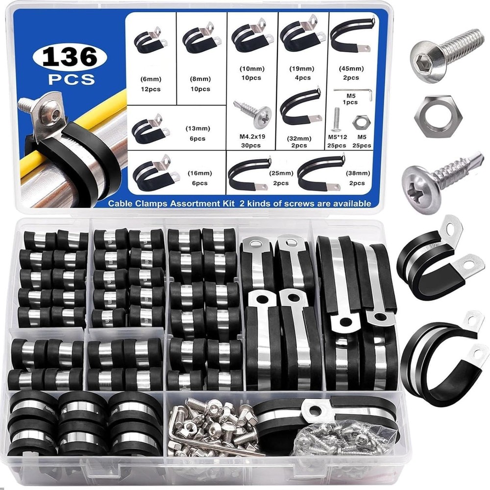 136PCS Cable Clamps Assortment Kit,10 Sizes 304 Stainless Steel Rubber Cushion