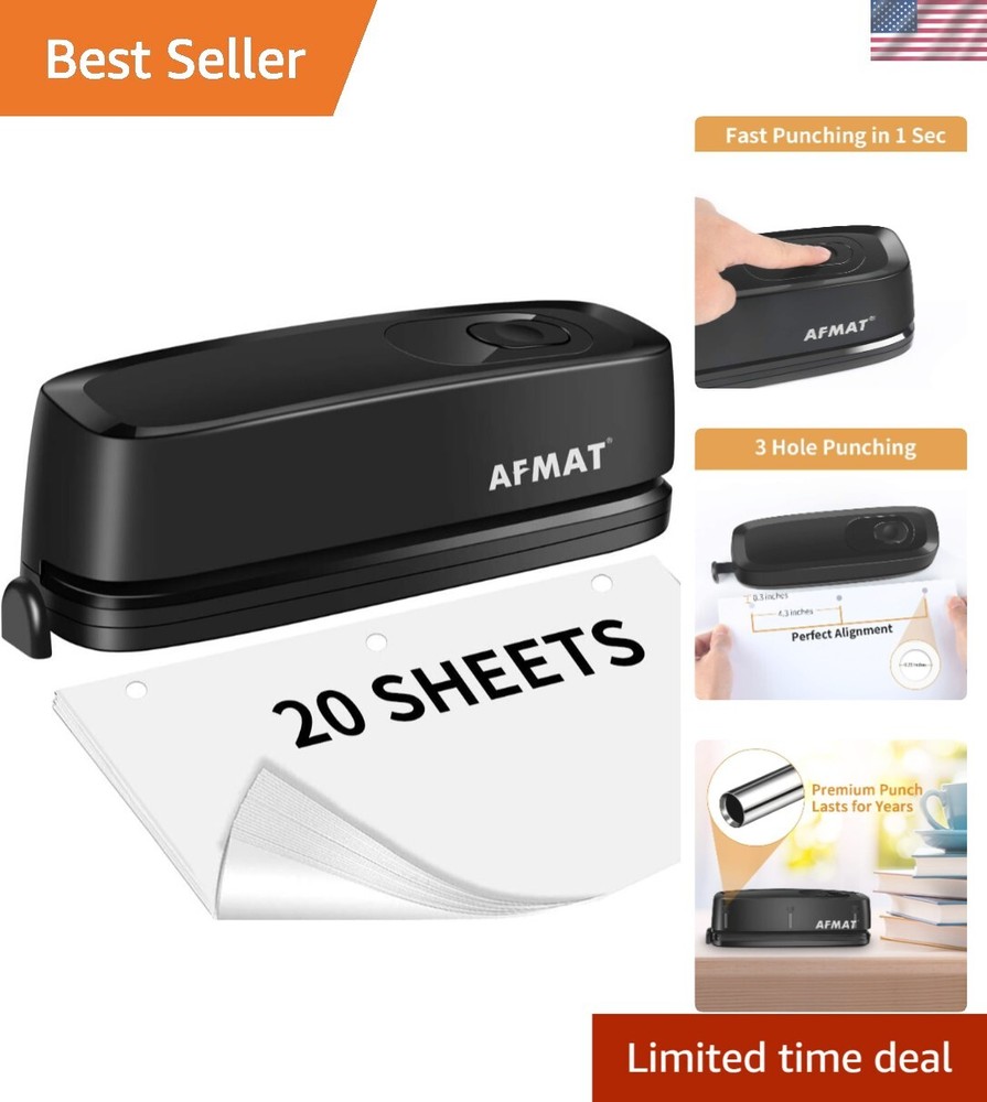 Professional Electric 3 Hole Punch – Effortless 20 Sheet Capacity, Sleek Black