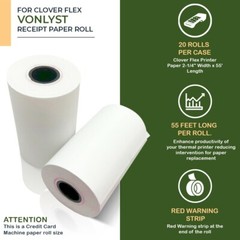 Vonlyst Thermal Paper Roll for Clover Flex Receipt Paper 2 1/4 x 55 (20 rolls)