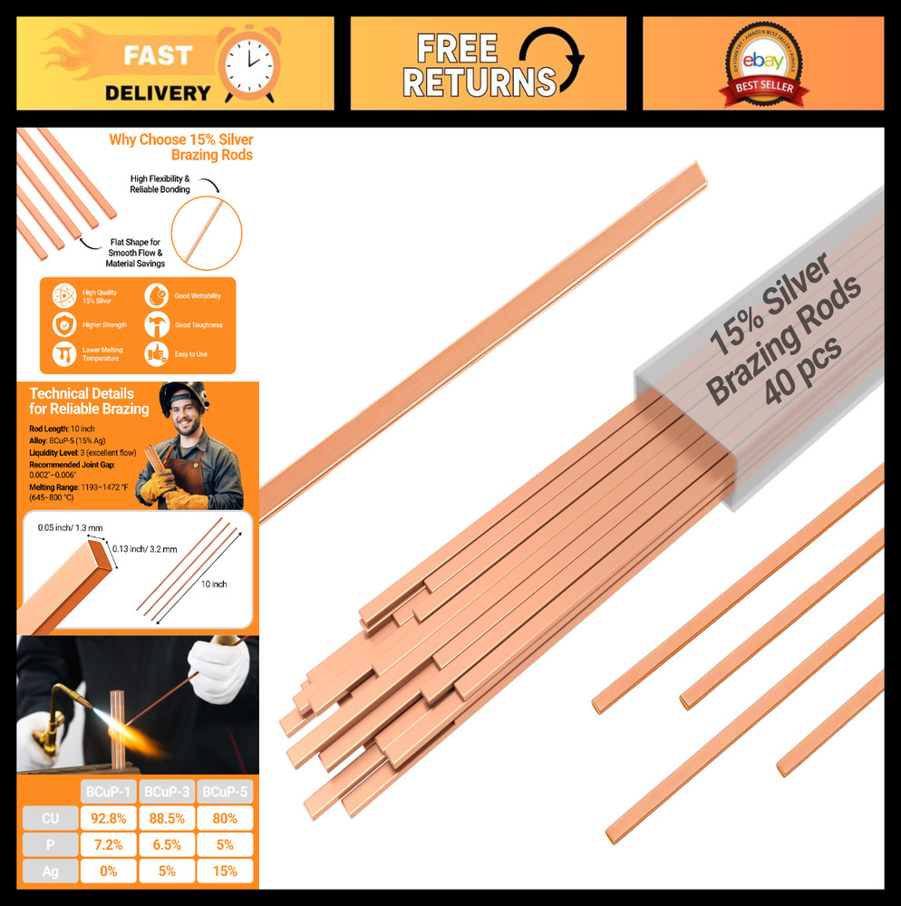 15% Silver Brazing Rods 40 Sticks Phos Copper Welding Alloys 0.050″x1/8″x10″ HVA