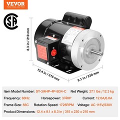 VEVOR 0.75HP Electric Motor 1725RPM AC115/230V 56C Frame 1-Phase 5/8″ Key Shaft