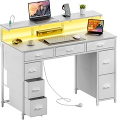 47 inch Computer Desk with 8 Drawers & Power Outlets, Home Office Desk with LED