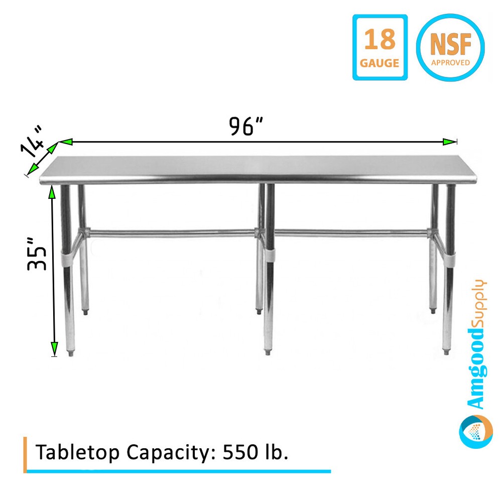 14″ X 96″ Stainless Steel Open Base Table | NSF Prep Metal Work Table