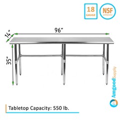 14″ X 96″ Stainless Steel Open Base Table | NSF Prep Metal Work Table