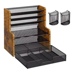 13.58 In. W X 15.04 In. H Brown Wood Metal Retro Mesh Desk Organizer with Drawer