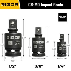 RIGOR 11601 3pc Universal Joint Socket adapter Set – 1/4″, 3/8″, 1/2″ Driv