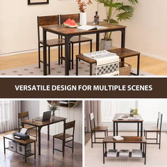 4-Piece Dining Table Set Rustic Desk 2 Chairs and Bench with Storage Rack Brown