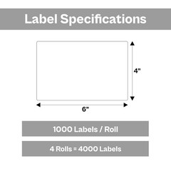 4 Rolls White Direct Thermal Labels 4″ x 6″ – 1000 Labels per Roll – No Ribbon