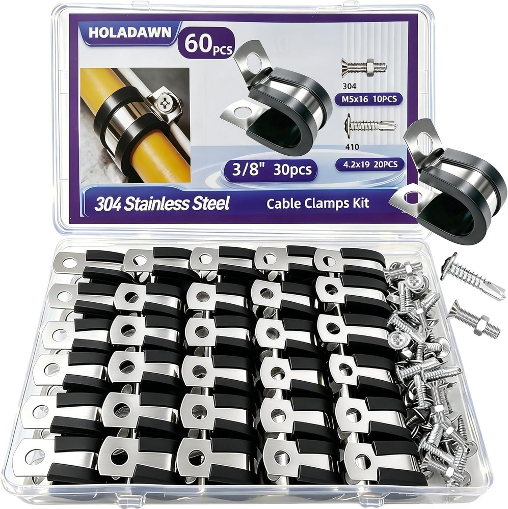 60 Pcs Cable Clamps Kit, 304 Stainless Steel Wire Clamps with Rubber Cushion