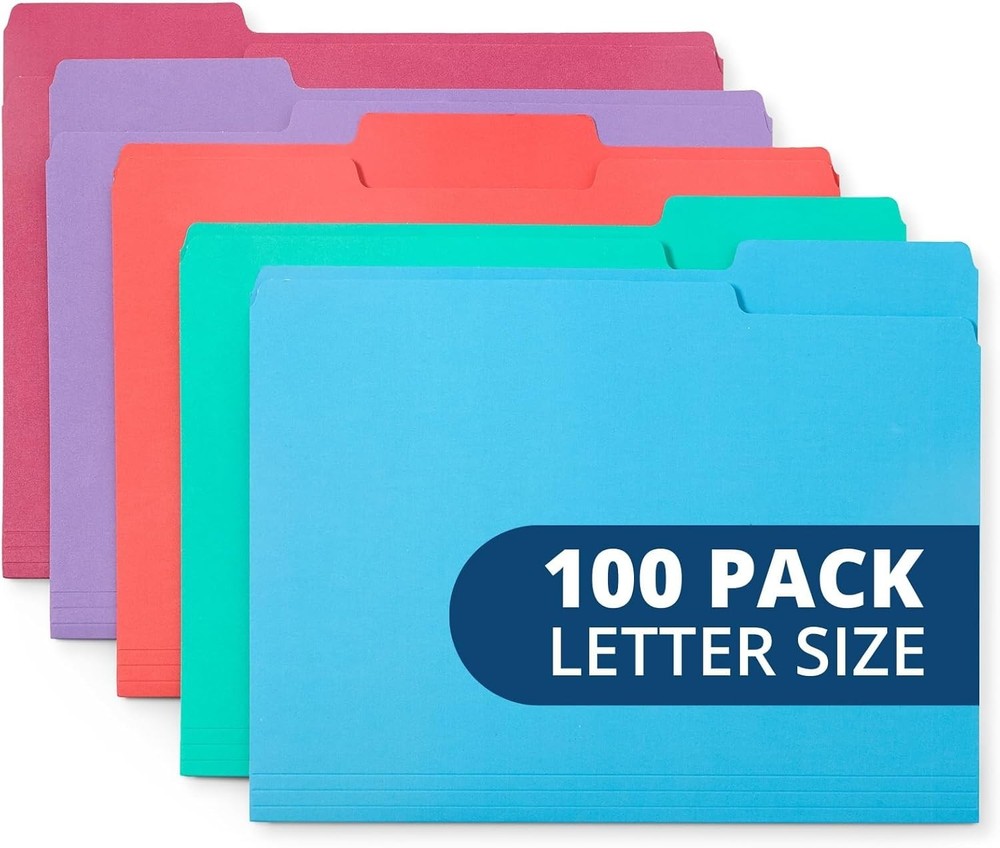 100 Blue Summit Supplies Colored File Folders – GEM Tone Colors, 1/3 Cut Tab