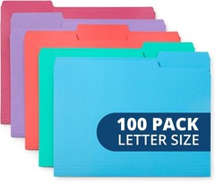 100 Blue Summit Supplies Colored File Folders – GEM Tone Colors, 1/3 Cut Tab