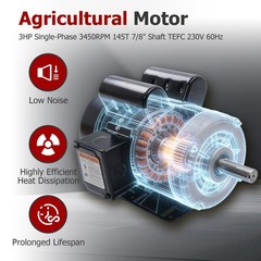3HP Single Phase Motor 3450 RPM TEFC 145T Frame Farm Duty 230V 60Hz CW/CCW