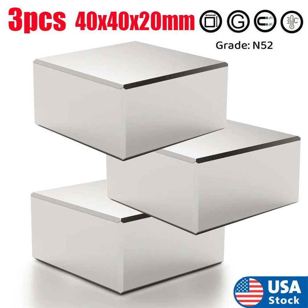 3pcs N52 Large 40x40x20mm Neodymium Rare Earth Magnet Big Super Strong Huge Size