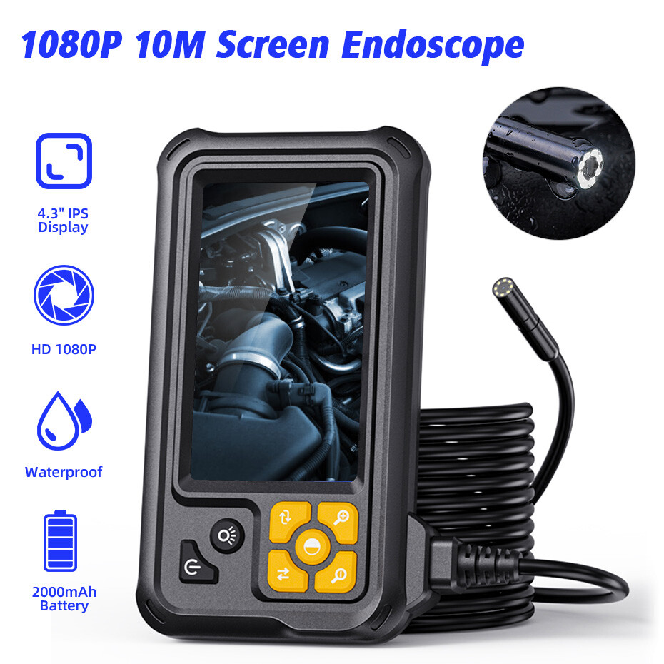 8LED IP67 Borescope Camera 10M/32.8Ft Flexible Cable 1080P HD 4.3 Inch Display