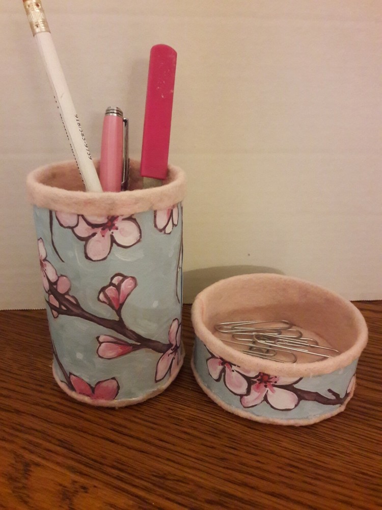 Cherry Blossom Pencil Holder Set, desk organizer, handmade desk set