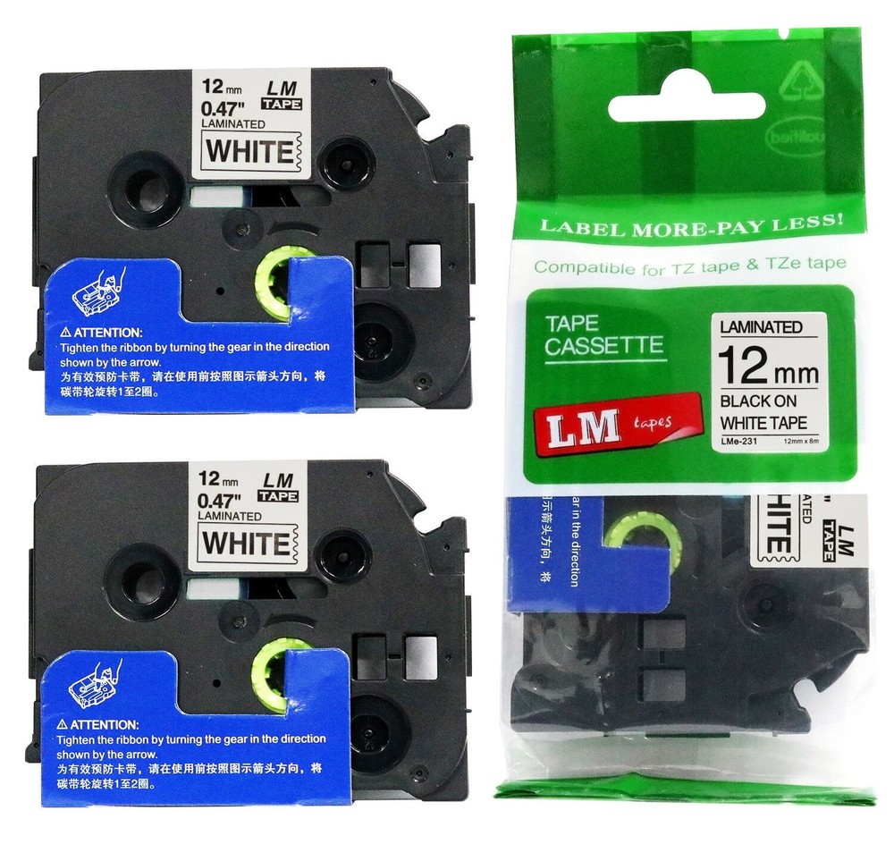 2/Pack 12mm Black on White Tape for P-touch Model PT2100, PT-2100 Label Maker