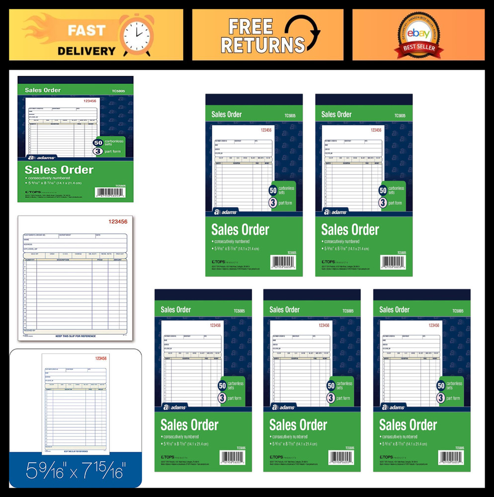3-Part Carbonless Sales Order Book, 50 Sets per Book, Wraparound Cover, 250 Tota