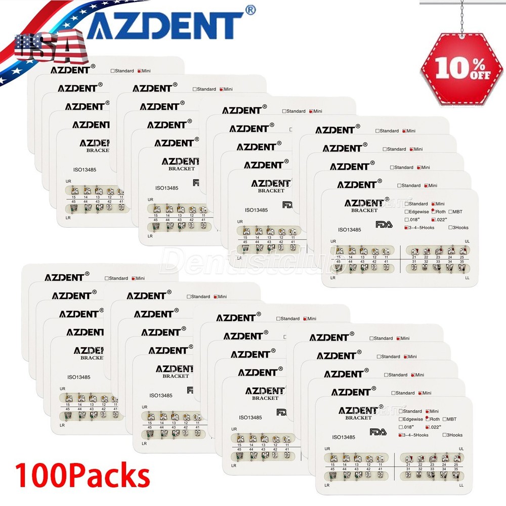 100Pack AZDENTOrthodontic Brackets Dental Braces Mini Roth.022 Hooks 345 Metal
