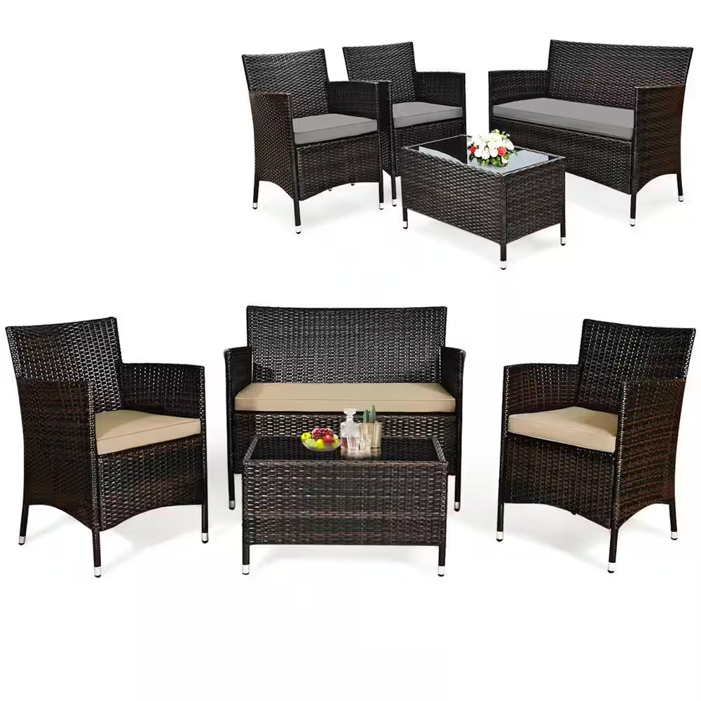 4-Piece Wicker Patio Conversation Furniture Set Sofa Chair with Brown and Grey C