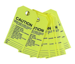 Reinforced Construction Barricade Hang Tags Plastic Weatherproof – 18 pc Yellow