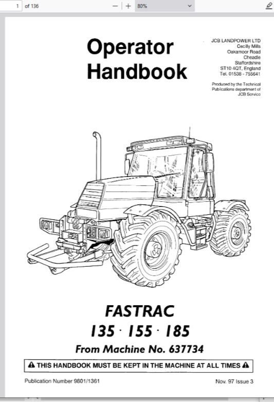 JCB Fastrac 135 155 185 Operators Owners Manual 9801-1361 PDF USB