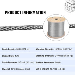 Stainless Steel Cable Railing 1/8″ X 500Ft, Wire Rope 316 Marine Grade, Braided