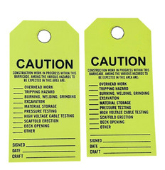 Reinforced Construction Barricade Hang Tags Plastic Weatherproof – 18 pc Yellow