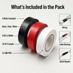 Waterproof PVC Electrical Tape Set – 5.1 Mil Insulation, 0.62 in x 32.8 ft Rolls