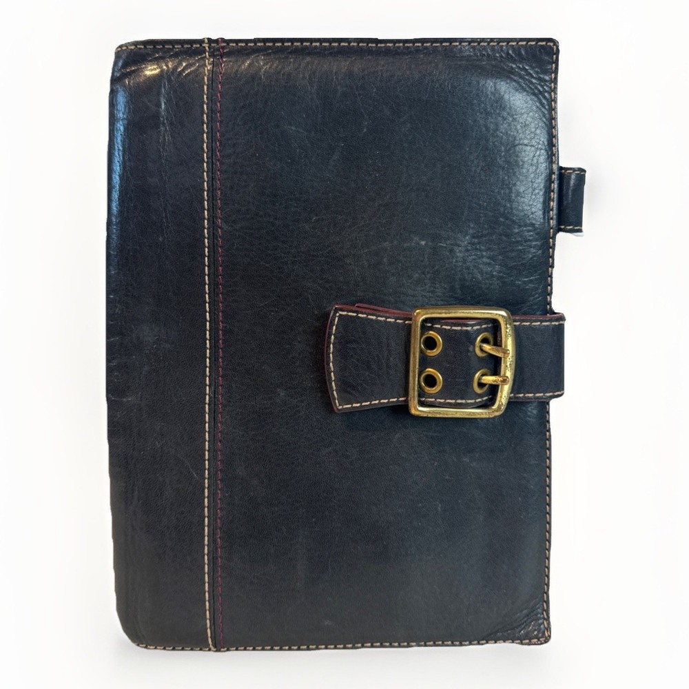 Vtg FRANKLIN COVEY Classic Black Full Grain Leather Planner Cover Brass Buckle