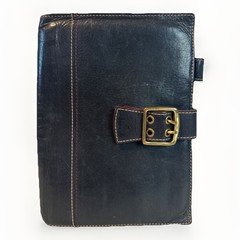 Vtg FRANKLIN COVEY Classic Black Full Grain Leather Planner Cover Brass Buckle