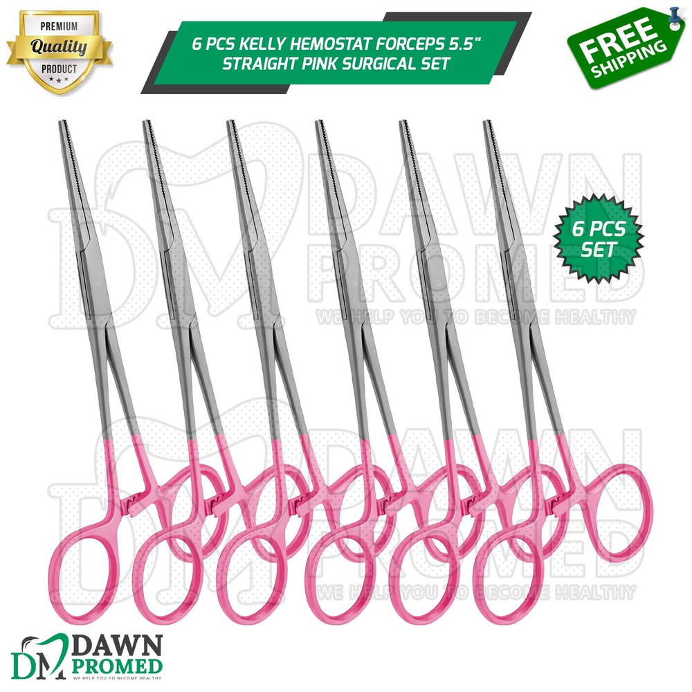 6 Pcs Kelly Hemostat Forceps 5.5″ Straight Pink Surgical Instruments Set
