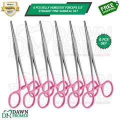 6 Pcs Kelly Hemostat Forceps 5.5″ Straight Pink Surgical Instruments Set