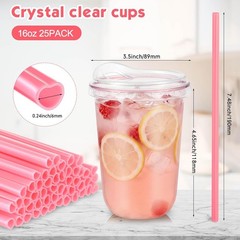 25 Sets Clear Plastic Cups with Heart Shaped Pink Straws and Strawless Lids