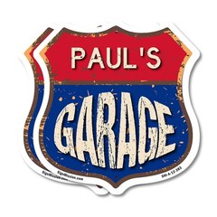 Paul’s Garage Shield Shaped Sign Weather Resistant Crafted in the USA
