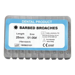 10pc Dental Barbed Broaches #1-6 Assorted Handle Endodontic File 25mm Stainless
