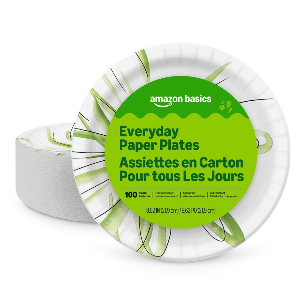 Amazon Basics Everyday Disposable Paper 100 Count (Pack of 1), White,Green