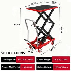 Steel Hydraulic Double Scissor Lift Table Cart 330 lbs Lifting height 50 inches