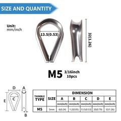 RABECH M5 3/16 Inch Wire Rope Thimble 3/16″ Stainless Steel Thimbles for Wire…