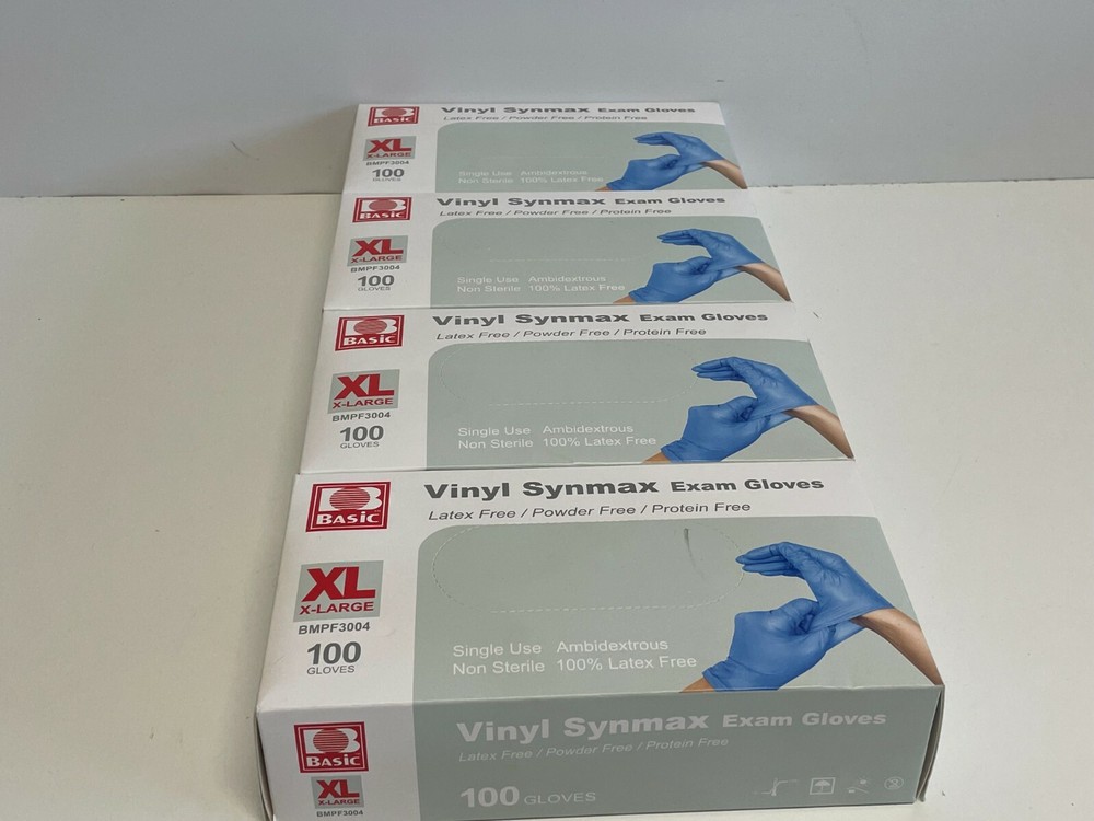 N3: 4 Boxes – 100 each box – Basic Vinyl Synmax Exam Gloves XL BMPF3004
