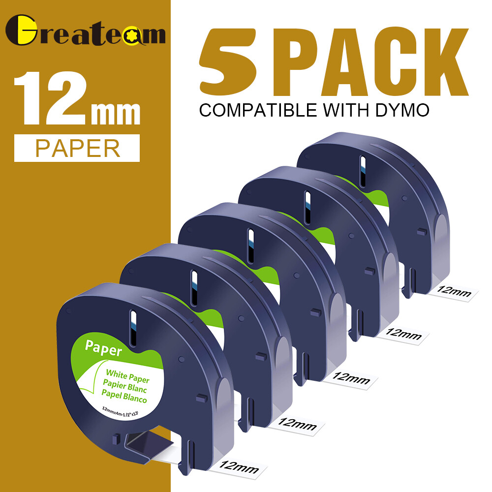5 PK DYMO LetraTag Tape Refills 91330 12mm Compatible for LT-100H White Paper