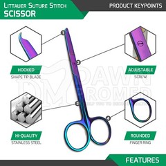 6 Pcs Littauer Suture Stitch Scissor Straight 4.5″ Rainbow Titanium Coating