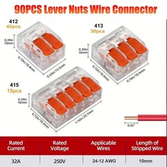 90Pcs For Wago 221 Lever Nuts Compact Splicing Wire Connectors – 2/3/5 Terminal